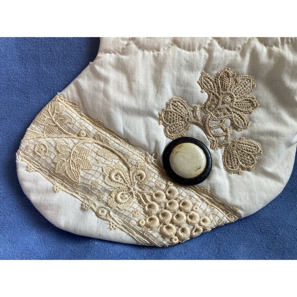 Vintage CHRISTMAS STOCKING Ivory Lace Quilted Heart With Embellishments Button - Picture 4 of 8